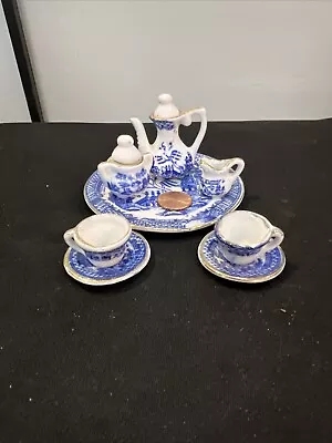 VTG Miniature Blue Willow Tea Set W/Tray Blue & White Porcelain Gold Trim 10 Pc. • $10