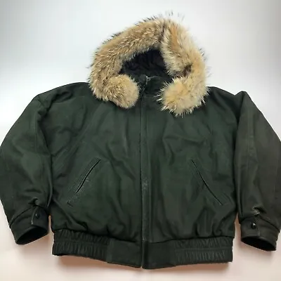 Lone Pine Leather Coyote Fur Hooded Bomber Coat Jacket USA MADE SZ 42 Quilted • $429.99