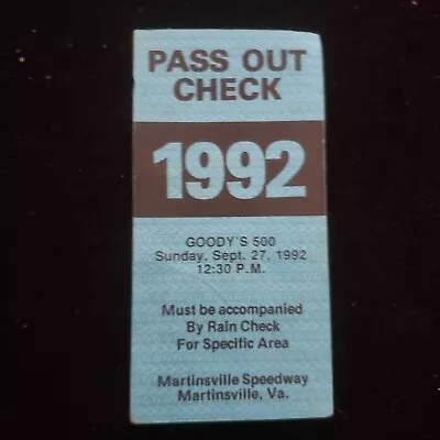 Vintage NASCAR Ticket Stub Pass Out Check Martinsville VA 1992 Goodys 500  • $7