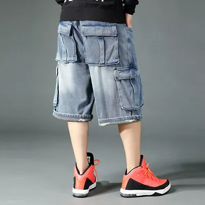 Mens Casual Cargo Shorts Denim Jeans Capri Pants Relaxed HipHop Loose Streetwear • $56.05