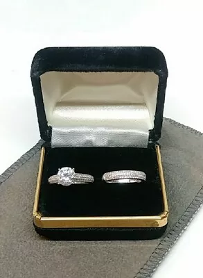 Sterling Silver Wedding Set Rings With Solitaire Ring And Clear CZ Micro Pave  • $95