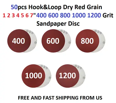 50pcs Hook&Loop Dry Red 1 2 3 4 5 6 7  400 600 800 1000 1200 Grit Sandpaper Disc • $24.99