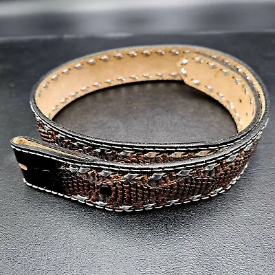 Hand Tooled & Laced Western Belt ~ Size 32 ~ Custom ~ Brown W Silver ~ No Buckle • $25