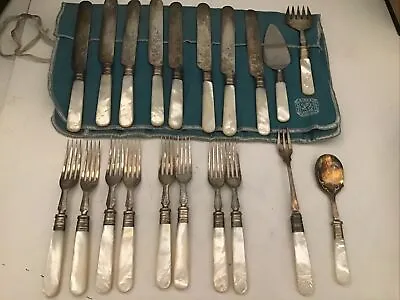 Set 24 Vintage BIRKS & Son Silverware Mother Of Pearl Handles Original Felt Bag • $132