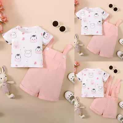 2 Piece Toddler Baby Girl Short Sleeve Printed T-Shirt Top Jumpsuit Shorts Set • £8.89