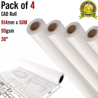 4 Rolls Uncoated Wide Format 914mm X 50m 90gsm 36  Inkjet Plotter CAD Roll • £69.99