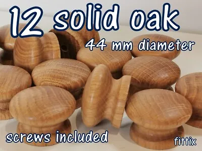 12 X Wooden Knobs Handles Kitchen Doors Drawer  Solid Oak Wood 44 Mm Diameter  • £16.99