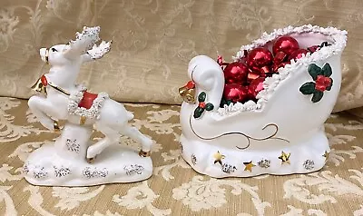 Vintage NAPCO Santa’s Christmas Sleigh And Reindeer Confetti Trim Figurines • $68.75