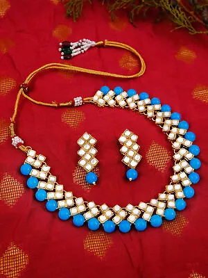 Bollywood Indian Wedding Jewelry Set Blue Stone Studded Kundan Necklace Earrings • $14.99