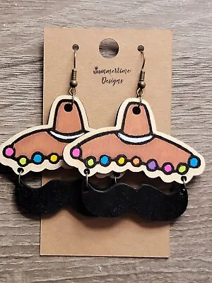 Hand Painted Laser Cut Wood Earrings Sombrero Mustache Cinco De Mayo 2.5  • $12