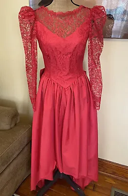 VTG 80s Red Puff Sleeve Lace High Low Long Sleeve V Waist Bridesmaid Gown S • $50