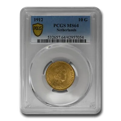 1912 Netherlands Gold 10 Gulden Wilhelmina I MS-64 PCGS • $694.12