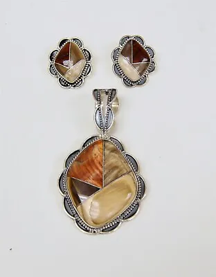 Desert Rose Trading Sterling Silver Mosaic Agate Gemstone Pendant & Earring Set • $59.95