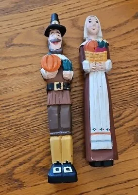 Midwest Cannon Falls Carved Wood Pilgrim Man Woman Pencil Thanksgiving 9.5  • $15
