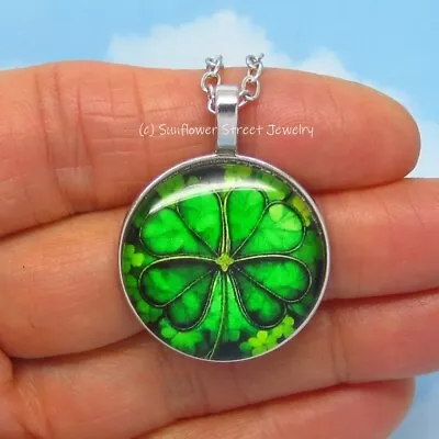 4 Leaf Clover Necklace Shamrock Glass Dome Cabochon Art Print Faux Stained Glass • $14.98