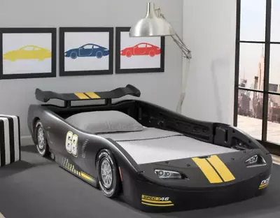 Race Car Twin Size Bed Frame Toddler Kids Boy Bedroom Classic Black NEW • $267.97