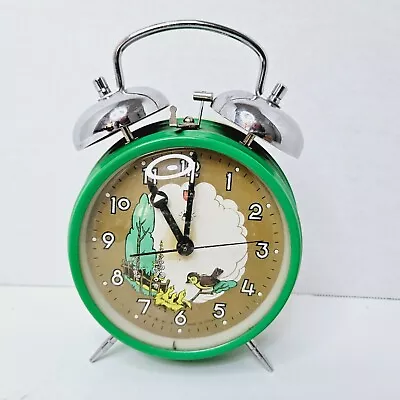 Vintage Alarm Clock Windup Double Bell Moving Feeding Chicks Bird Green Works • $65