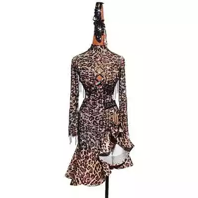 Latin Dance Competition Performance Art Leopard Print Long Sleeved Dance Skirt • $402.21