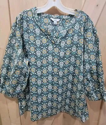 Croft&Barrow Green Floral Pullover Blouse Mandarin Collar Elastic Sleeve Size L • $12.99