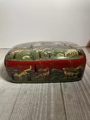 VTG Deer Hand Painted Paper Mache Lacquer Trinket Box India Woodland Creatures • $26