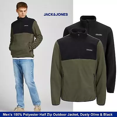 Jack & Jones Men's 100% Polyester Half Zip Outdoor Jacket Black Or Dusty Olive • £17.99