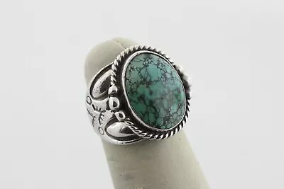 Vtg Handmade Navajo Sterling Silver 925 Etched Pattern Round Turquoise Ring Sz 5 • $169.99