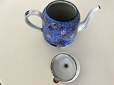 Antique Blue Enamel Metal Tea Pot Elite #18021 Made Czechoslovakia • £19.46