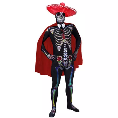 Mens Day Of The Dead Costume Senor Skeleton Skin Suit With Sombrero Fancy Dress • £27.89