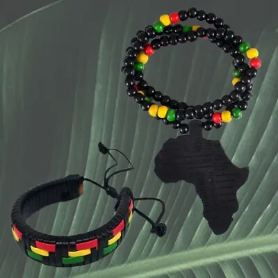 Rasta Reggae Africa Map Necklace (Wooden Beads) & Leather Wristband Bracelet • $19.99