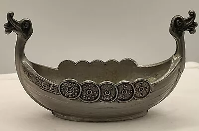 Vintage Handstopt Tinn Norway Pewter Viking Dragon Ship Salt Cellar Boat 3  Dish • $15