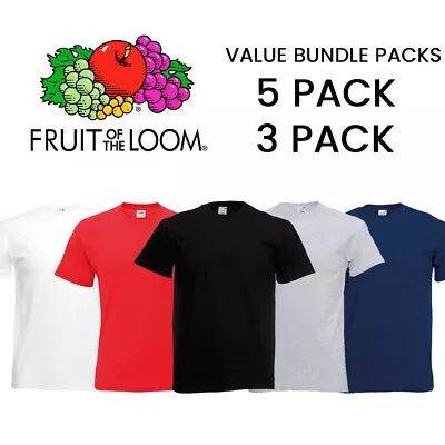 5 & 3 Pack Fruit Of The Loom Unisex Plain Cotton Short Sleeve T-Shirt Tops Bulk • £19.45