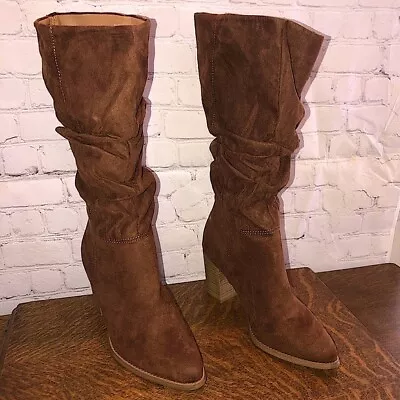 MAURICES Suede Brown Scrunchy Boots Knee High Square Heel Sz 8.5 • $25