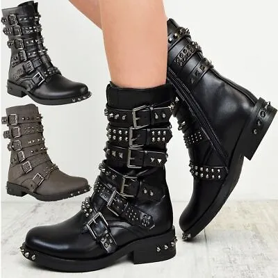 £27.95 • Buy Womens Ladies Studded Ankle Boots Buckle Western Biker Strappy Flat Shoes Size