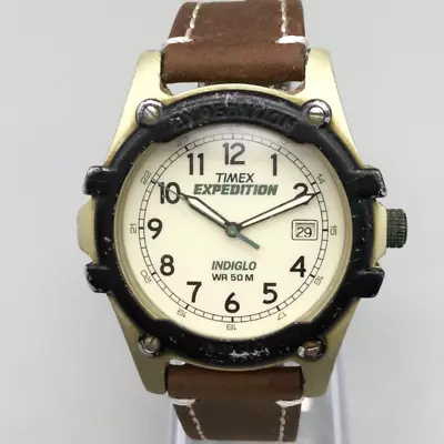 Vtg Timex Expedition Watch Men 39mm Brown 2001 Date Indiglo Date 50M New Battery • $31.49