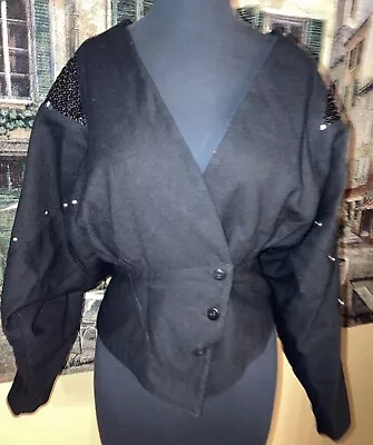 Vintage 80s  Black Wool  Cropped Batwing Fitted Waist Jacket Size M • $29.99