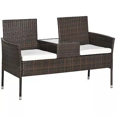 Outsunny Rattan Garden Bench W/ Glass Tea Table Wicker Chair W/ Cushions Brown • £105.99