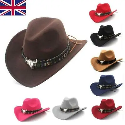 Womens Mens Hat Cowgirl Cowboy Wild West Hats Western Headwear Wide Brim Cap UK • £8.16