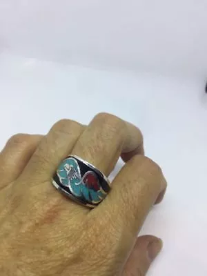 Vintage Silver White Bronze Men's Black Hawk Genuine Turquoise Inlay Ring Size14 • $44