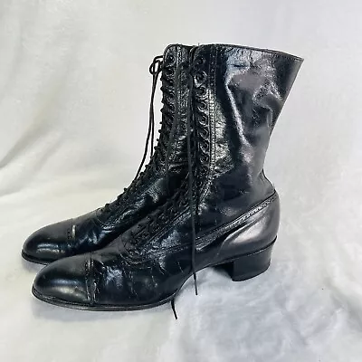 Antique Victorian Edwardian Boots Womens Black Leather Lace Up Shoes • $99.99