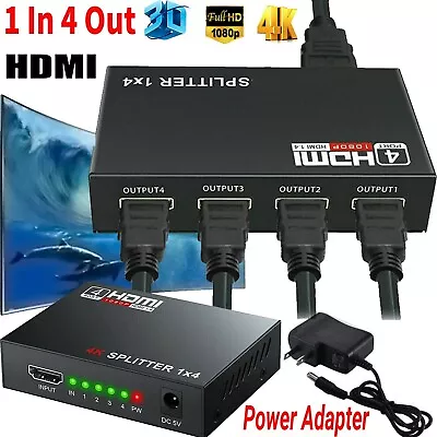 4K 4 Port HDMI Splitter 1x4 Repeater Amplifier 1080P 3D Hub 1 In 4 Out • $10.95