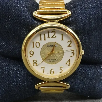 LA Gear Oversized Watch Quartz Gold Tone Metal Band Round 41 Mm Case White Dial • $7.49