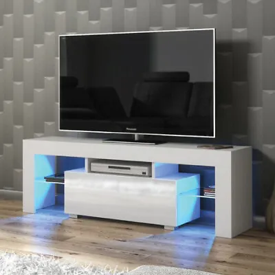 £89.90 • Buy TV Unit 130cm Modern Cabinet White High Gloss Doors With Free LED