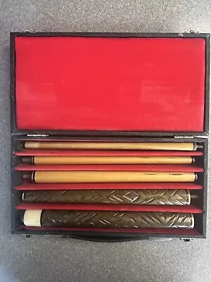 5 Piece Vintage Wood Carved Pool Cue W/Brass Connections & Felt Lined Case • $42