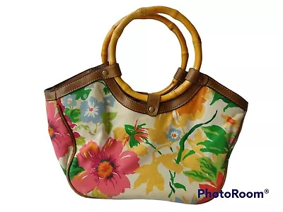 Relic Canvas Floral Bamboo Handled Hand Bag Purse Medium Cream Faux Leather • $13