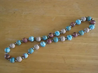 VIVA BEADS 9  Necklace - Blue Brown White Green Red Polymer Beads With Silver • $9.50