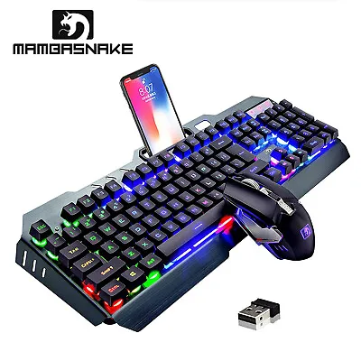 $62.99 • Buy 2.4G Wireless Gaming Set RGB LED Backlit Mechanical Feel Keyboard &2400DPI Mouse