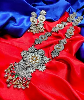Afghani Bollywood Indian Designer Silver Oxidized Boho Jewelry Long Necklace Set • $14.07