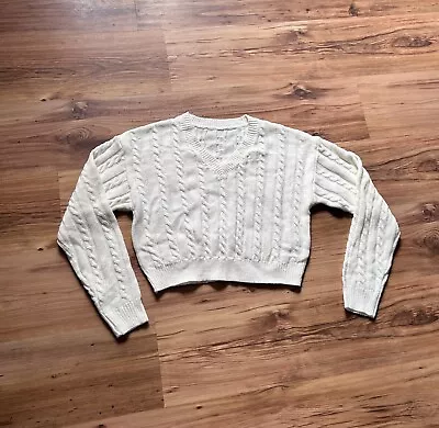 Shein Knitted Cream Cable Neck Cropped Long Sleeve V Neck Jumper • £8