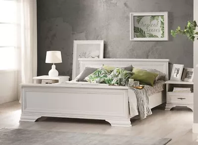 King Size Bed White Matt Euro 160cm Frame With Wood Slats Classic Elegant Idento • £444.95