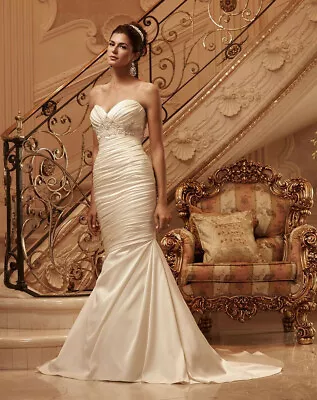 Casablanca Bridal Wedding Dress 14 Ivory Mermaid Ruched Train Silver Bling 2118 • $399